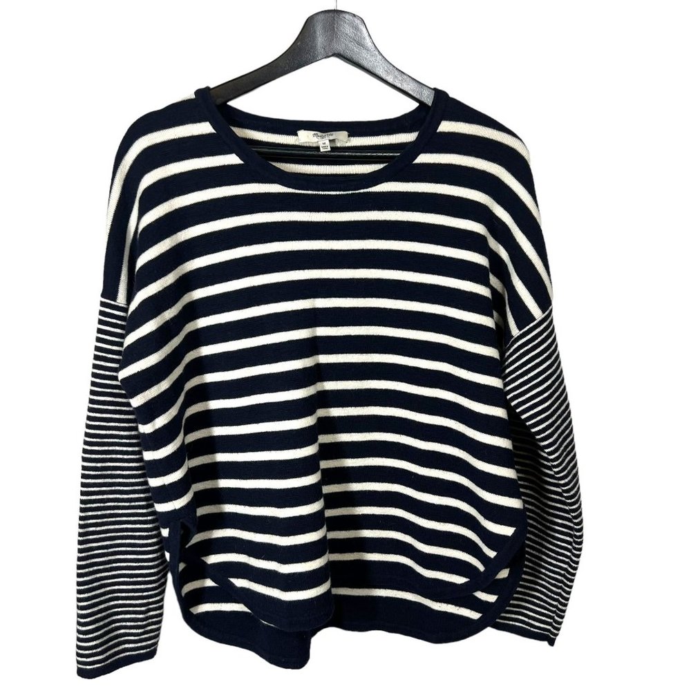 Madewell Navy White Stripe Long Sleeve Round Hem Cotton Wool Blend Sweater Mediu